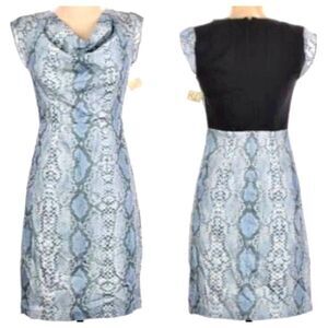 ANDREW MARC Cowl Neck Sheath Dress Phyton Snake Print Blue Cap Sleeve